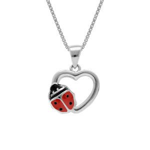 COLLIER ARGENT RHODIÉ PENDENTIF COEUR AVEC COCCINELLE  36+2CM