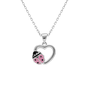 COLLIER ARGENT RHODIÉ PENDENTIF COEUR AVEC COCCINELLE RÉSINE ROSE 36+2CM