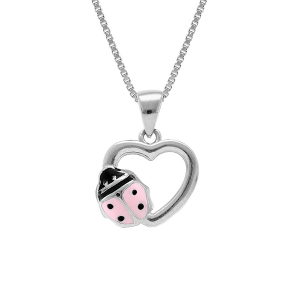COLLIER ARGENT RHODIÉ PENDENTIF COEUR AVEC COCCINELLE RÉSINE ROSE 36+2CM
