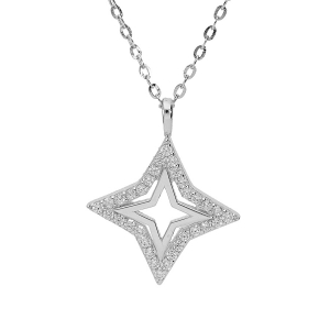 COLLIER ARGENT RHODIÉ PENDENTIF ETOILE AJOURÉE CONTOUR OXYDES BLANCS SERTIS 40+2+2CM