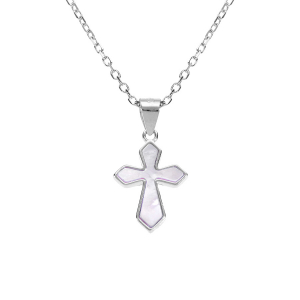 COLLIER ARGENT RHODIÉ PENDENTIF CROIX NACRE BLANCHE 39+4CM