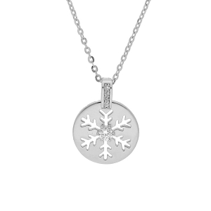 COLLIER ARGENT RHODIÉ PENDENTIF RONDELLE FLOCONN DE NEIGE AJOURÉ 39+4CM