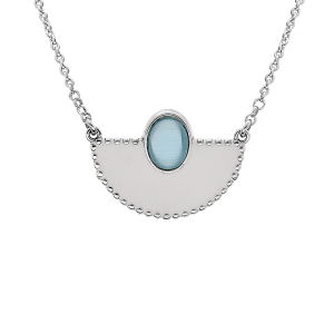 COLLIER ARGENT RHODIÉ ROND EMAIL BLANC ET PIERRE SYNTHETIQUE BLEU 43+5CM