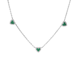 COLLIER ARGENT RHODIÉ COEURS OXYDES VERTS ET BLANCS SERTIS 42+3CM