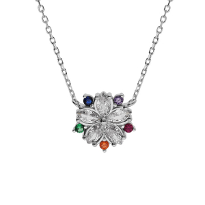 COLLIER ARGENT RHODIÉ  FLEUR OXYDES BLANCS ET MULTI COULEURS  40+4CM