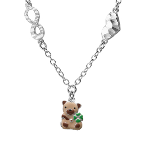 COLLIER ARGENT RHODIÉ MOTIF INFINI ET COEUR AVEC PAMPILLE OURSON EMAILLÉ 35+5CM