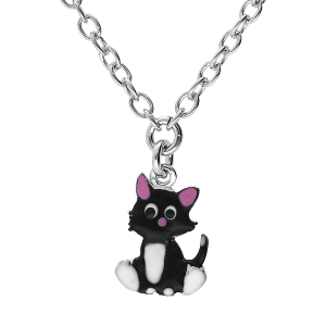 COLLIER ARGENT RHODIÉ MOTIF INFINI AVEC CHAT EMAILLÉ 35+5CM