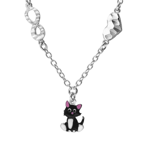COLLIER ARGENT RHODIÉ MOTIF INFINI ET COEUR AVEC CHAT EMAILLÉ 35+4CM