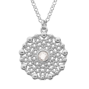 COLLIER ARGENT RHODIÉ CERCLE AJOURE OXYDE BLANC CENTRAL 38+5CM