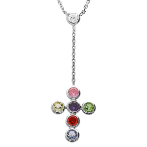COLLIER ARGENT RHODIÉ PENDENTIF CROIX MULTI COULEUR 38+5CM