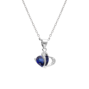 COLLIER ARGENT RHODIÉ PENDENTIF DOUBLE COEUR OXYDE BLEU ET BLANCS  40+3CM