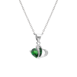 COLLIER ARGENT RHODIÉ PENDENTIF DOUBLE COEUR OXYDE VERT ET BLANCS  40+3CM