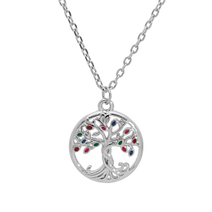 COLLIER ARGENT RHODIÉ PENDENTIF ARBRE DE VIE RÉSINE MULTI COULEURS 40+4CM