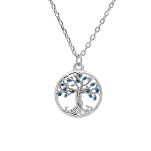 COLLIER ARGENT RHODIÉ PENDENTIF ARBRE DE VIE RÉSINE BLEUE 40+4CM