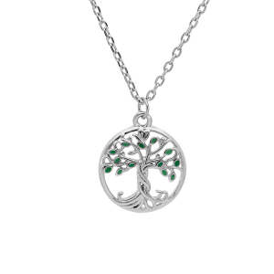 COLLIER ARGENT RHODIÉ PENDENTIF ARBRE DE VIE RÉSINE VERTE 40+4CM