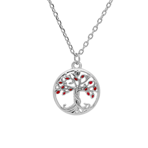 COLLIER ARGENT RHODIÉ PENDENTIF ARBRE DE VIE RÉSINE ROUGE 40+4CM