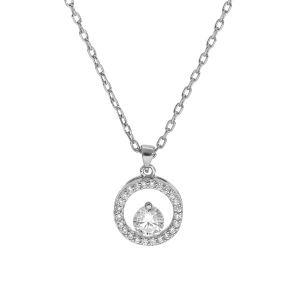 COLLIER ARGENT RHODIE PENDENTIF RONDELLE OXYDES BLANCS SERTIS ET 1 OXYDE BLANC SERTI 40+5CM