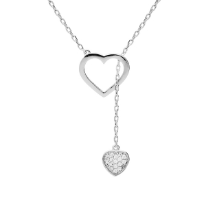 COLLIER ARGENT PLATINÉ COEUR ÉVIDÉ ET PAMPILLE COEUR OXYDES BLANCS SERTIS 41+3CM
