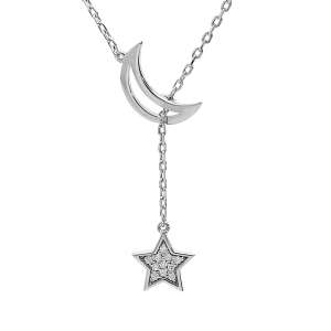 COLLIER ARGENT PLATINÉ LUNE ÉVIDÉE ET PAMPILLE ETOILE OXYDES BLANCS SERTIS 41+3CM