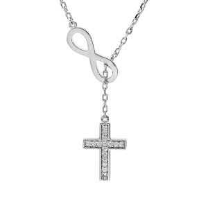 COLLIER ARGENT PLATINÉ INFINI ET CROIX OXYDES BLANCS SERTIS 41+3CM