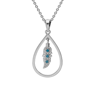 COLLIER ARGENT PLATINÉ GOUTTE EVIDÉE AVEC PLUME ET OXYDE BLEU 42+3CM
