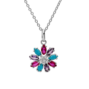 COLLIER ARGENT RHODIÉ PENDENTIF FLEUR OXYDES MULTI COULEURS 42+3CM