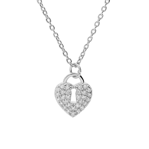 COLLIER ARGENT RHODIÉ CADENAS COEUR PAVÉ OXYDES BLANCS 42+3CM