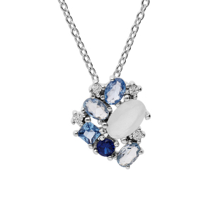 COLLIER ARGENT RHODIÉ PENDENTIF OXYDES BLEUS ET BLANC  42+3CM
