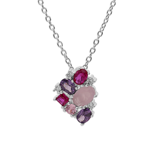 COLLIER ARGENT RHODIÉ PENDENTIF OXYDES ROSES ET VIOLETS 42+3CM
