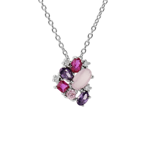 COLLIER ARGENT RHODIÉ PENDENTIF OXYDES ROSES ET VIOLETS 42+3CM