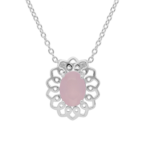 COLLIER ARGENT RHODIÉ MOTIF FLEUR PIERRE SYNTHETIQUE ROSE 42+3CM
