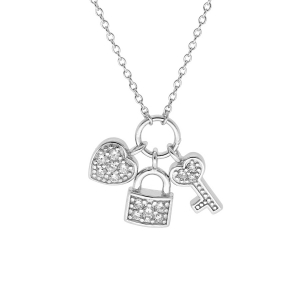 COLLIER ARGENT RHODIÉ BRELOQUES CADENAS COEUR CLEFS OXYDES BLANCS 42+3CM