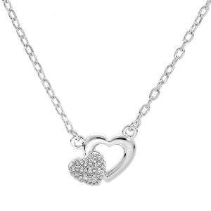 COLLIER ARGENT RHODIÉ DOUBLE COEURS OXYDES BLANCS SERTIS 40+5CM