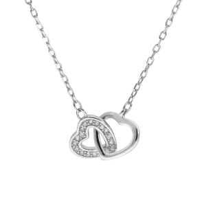 COLLIER ARGENT RHODIÉ  2 COEURS ENTRELACÉS 1 LISSE ET 1 AVEC OXYDES BLANCS SERTIS 40+5CM