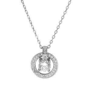 COLLIER ARGENT RHODIE PENDENTIF RONDELLE OXYDES BLANCS SERTIS ET 1 OXYDE BLANC SERTI 40+5CM