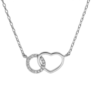 COLLIER ARGENT RHODIÉ CERCLE OXYDES BLANCS SERTIS ENTRELACÉ AVEC COEUR LISSE 40+5CM