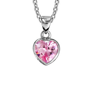COLLIER ARGENT RHODIÉ PENDENTIF COEUR OXYDE ROSE SERTI CLOS 40+4CM