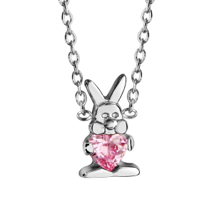 COLLIER ARGENT RHODIÉ MOTIF PETIT LAPIN PIERRE SYNTHETIQUE ROSE 36+2CM