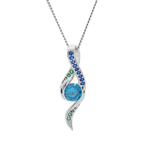 COLLIER ARGENT RHODIÉ PENDANTIF 2 RAILS OXYDES BLEUS ET VERTS ET OXYDE CENTARLE BLEU 42+3CM