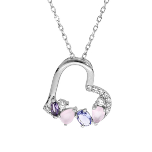 COLLIER ARGENT RHODIÉ PENDENTIF COEUR OXYDES BLANCS ET PASTELS 40+5CM
