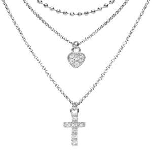 COLLIER ARGENT RHODIÉ TRIPLE CHAINE PENDENTIF COEUR ET CROIX 35+5CM