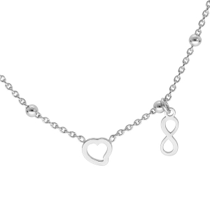 COLLIER ARGENT RHODIÉ BOULES AVEC 1 COEUR ET 1 PAMPILLE INFINI 42+3CM