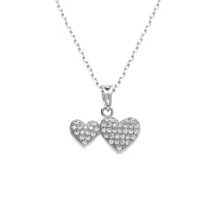 COLLIER ARGENT RHODIÉ PENDENTIF DOUBLE COEUR OXYDES BLANCS SERTIS BELIERE COEUR 40+5CM