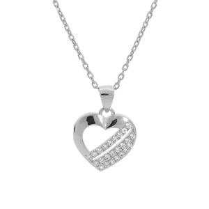 COLLIER ARGENT RHODIÉ PENDENTIF COEUR 3 BARETTES OXYDES BLANCS SERTIS 40+5CM