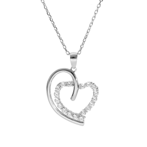 COLLIER ARGENT RHODIÉ GRAND COEUR OXYDES BLANCS SERTIS 40+5CM