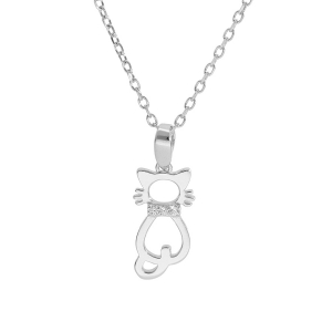 COLLIER ARGENT RHODIÉ PENDENTIF CHAT AJOURÉ 40+5CM