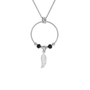 COLLIER ARGENT RHODIE 15MM BOULES LISSES NOIRES PAMPILLE PLUME 40+4CM