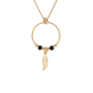 COLLIER ARGENT ET DORURE JAUNE 15MM BOULES LISSES NOIRES PAMPILLE PLUME 40+4CM