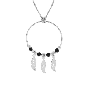 COLLIER ARGENT RHODIE 23MM BOULES LISSES NOIRES PAMPILLE 3 PLUMES 40+4CM