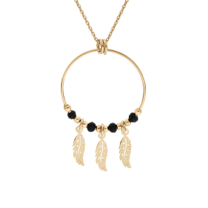 COLLIER ARGENT ET DORURE JAUNE 23MM BOULES LISSES NOIRES PAMPILLE 3 PLUMES 40+4CM